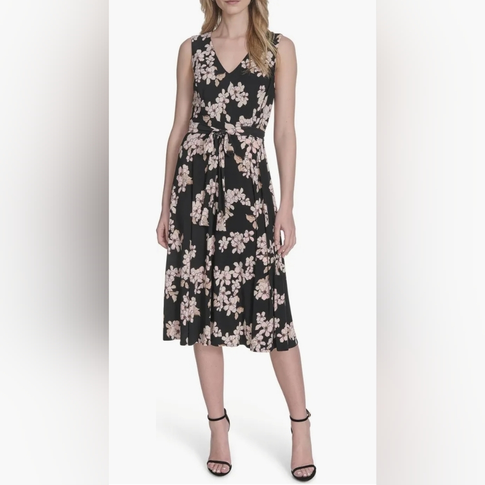 NWT Tommy Hilfiger Floral Sleeveless A-Line Jersey Midi Dress Black White Size 1